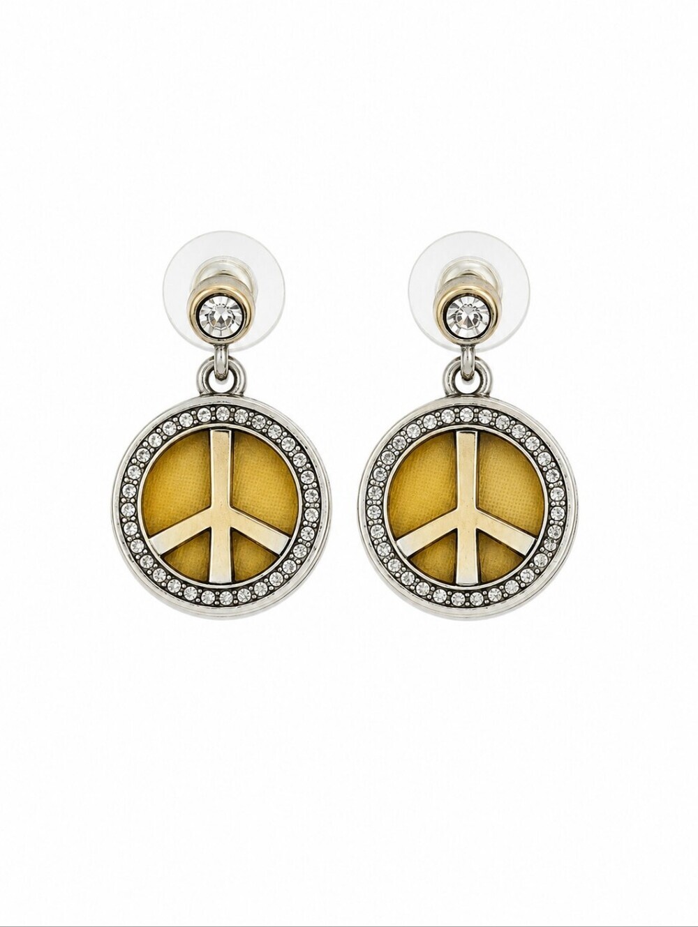 Vtg BRIGHTON Two-tone Peace Sign Crystal Drop Earrings